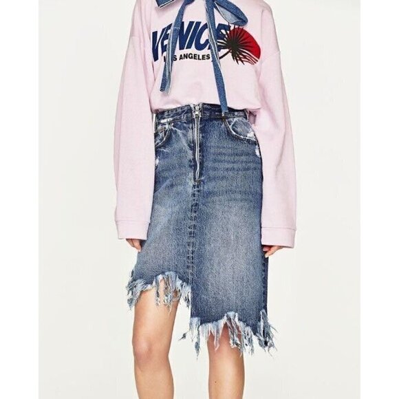 ZARA TRF Refix'd Distressed Asymmetric Skirt Raw Hem Denim Jean Refixed Small - Picture 1 of 4